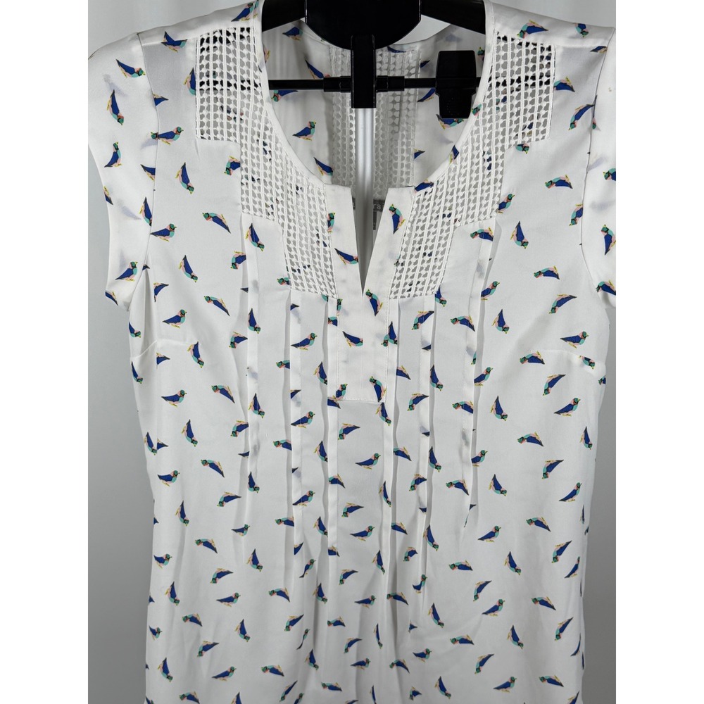 Daniel Rainn Bird Print Crochet Lace Pleated Sleeveless Blouse White Medium - Picture 2 of 8